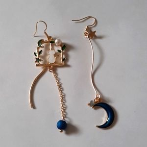 S925 Stamped White Cat and Moon Dangle Earrings